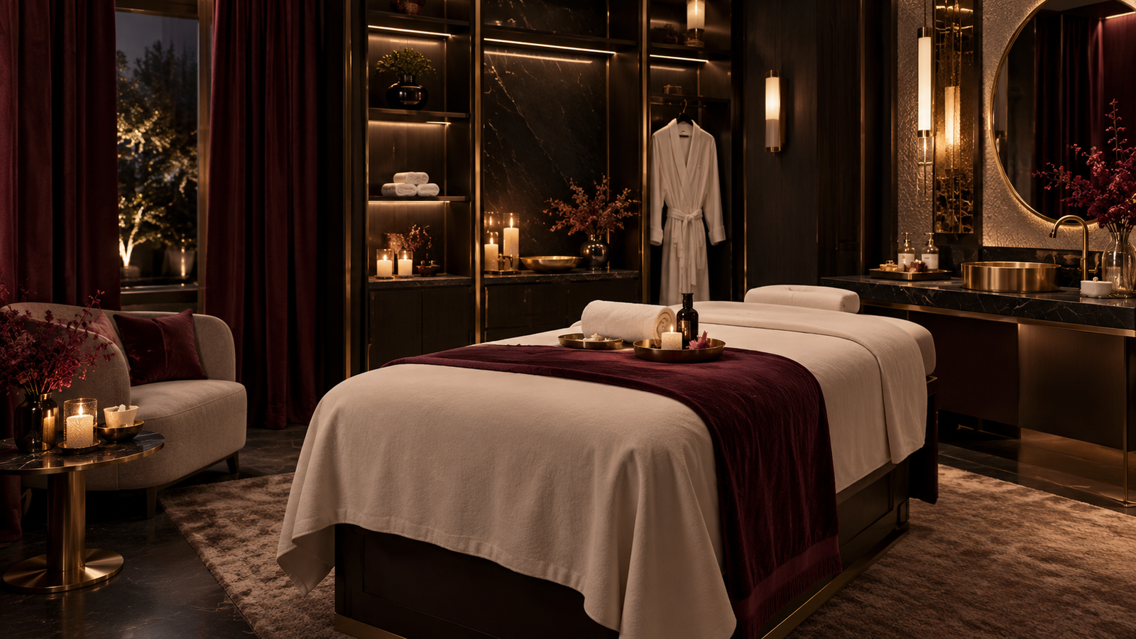 Spa towels, flowers, and wellness essentials